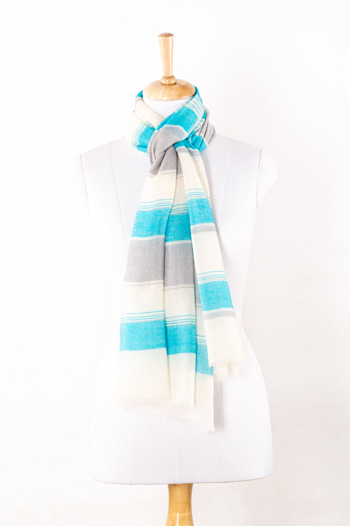 Wide Stripes Merino Wool Scarf - Turquoise White-0