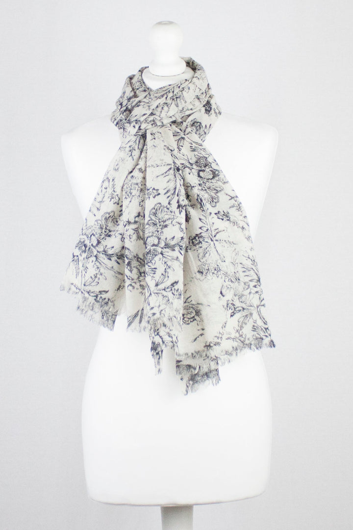 Sketchy Floral Print Merino Wool Scarf - Off White-1