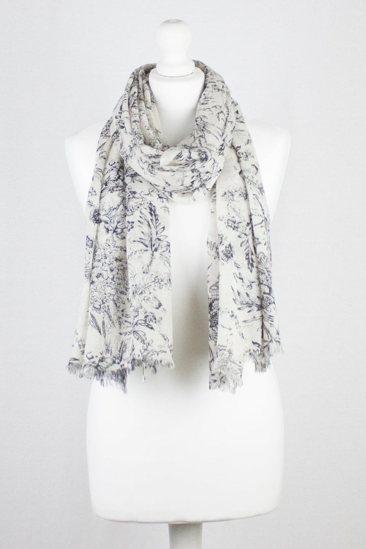 Sketchy Floral Print Merino Wool Scarf - Off White-0