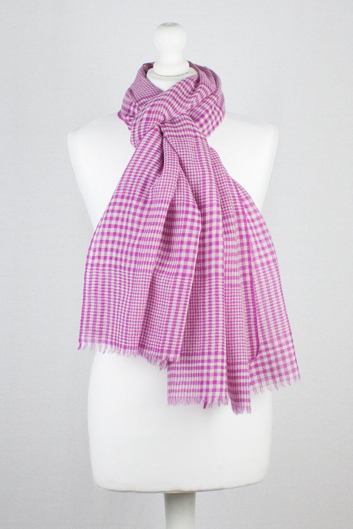 Gingham Mix Merino Wool Scarf - Fuschia-1