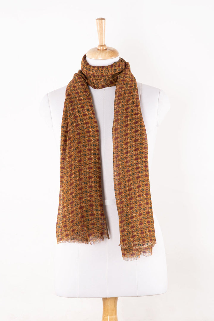 Tile Print Linen Cotton Scarf - Ochre Red-1