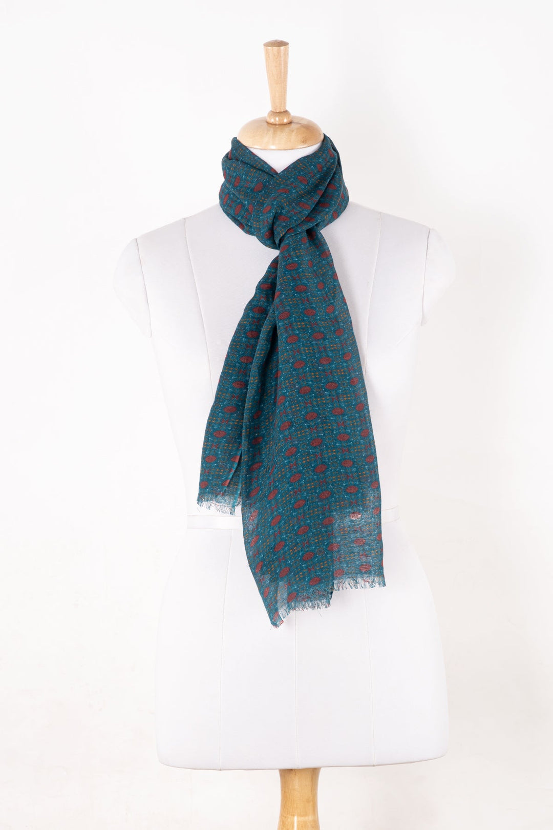 Tile Print Linen Cotton Scarf - Navy Red-0