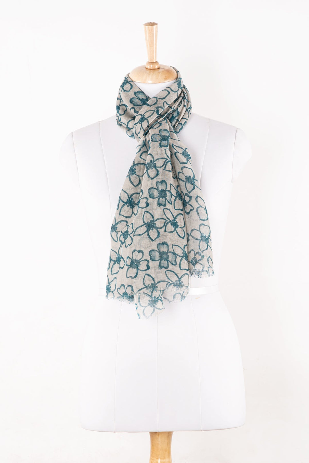 Flower Print Linen Cotton Scarf - Blue-0