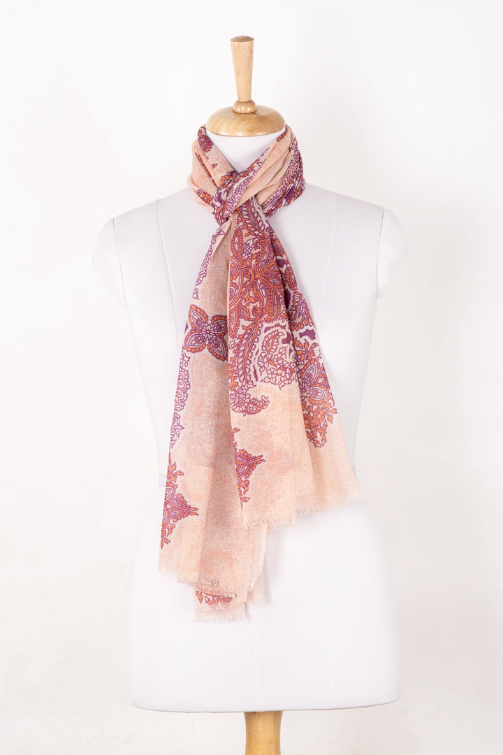 Intricate Traditional Motif Cotton Modal Scarf - Peach Orange Purple-0