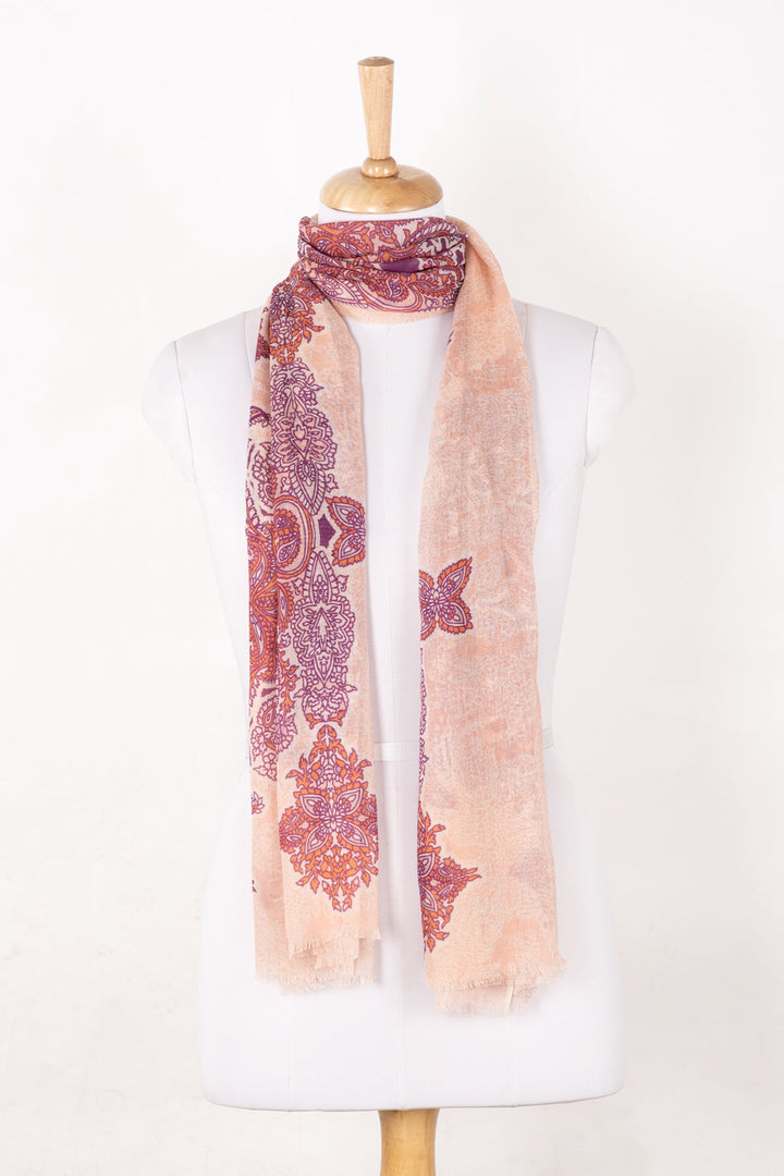 Intricate Traditional Motif Cotton Modal Scarf - Peach Orange Purple-1