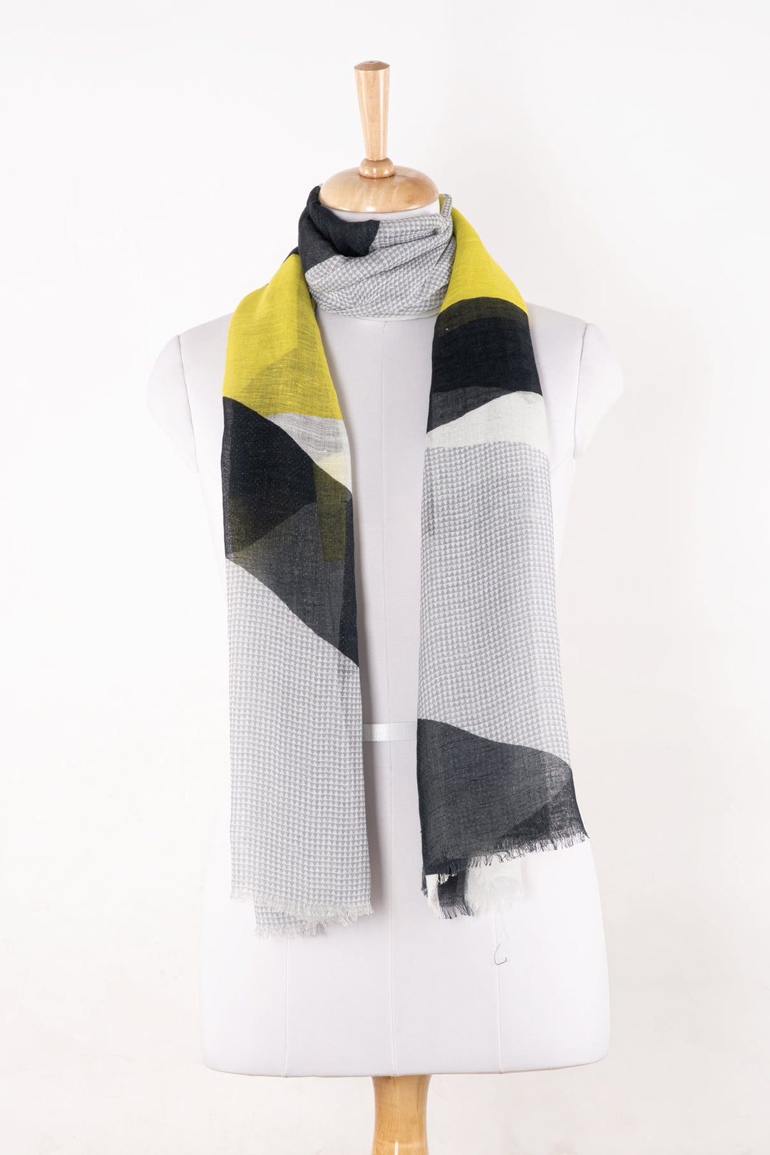 Abstract Geometry Print Linen Cotton Scarf - Grey Black Lime-1