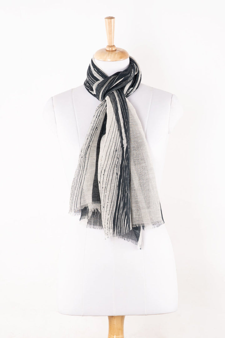 Stripy Strokes Print Linen Cotton Scarf - Black and White-0