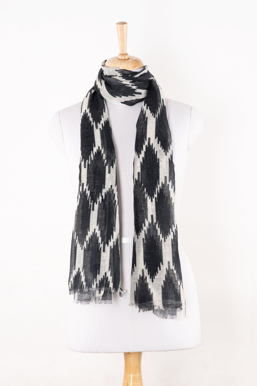 Ikat Printed Linen Scarf - Black White-1