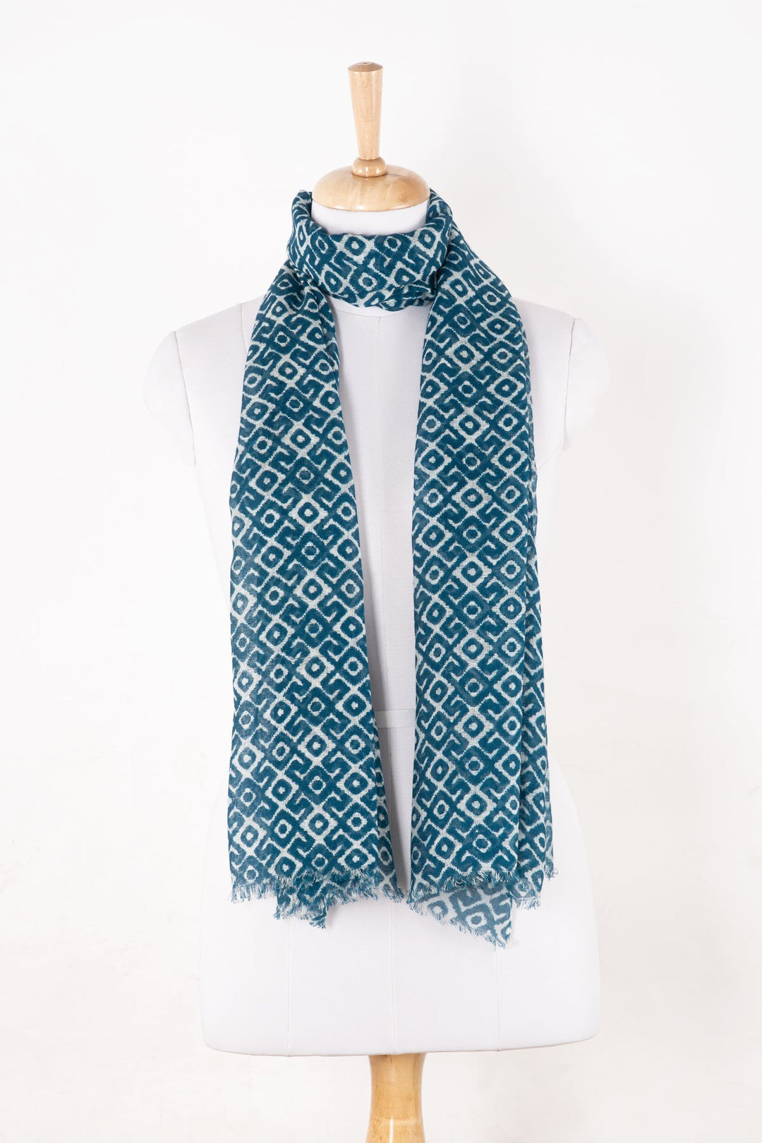 Tribal Tile Print Linen Cotton Scarf - Teal-1