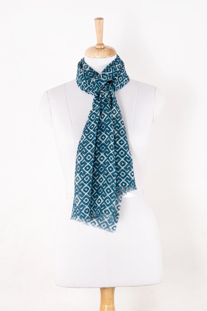 Tribal Tile Print Linen Cotton Scarf - Teal-0