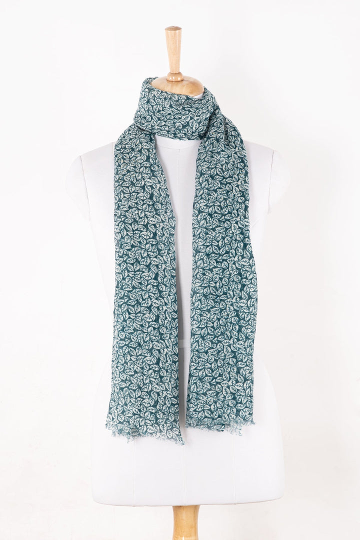 Leaf Print Linen Cotton Scarf - Teal-1