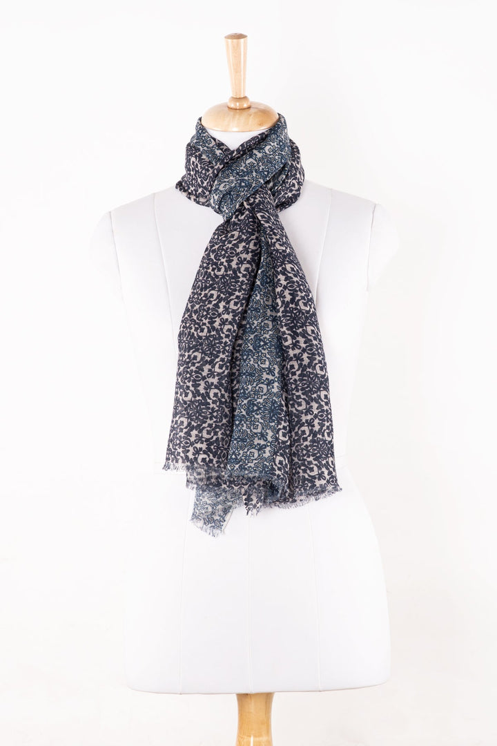 Floral Tile Print Linen Cotton Scarf - Navy Cement-0