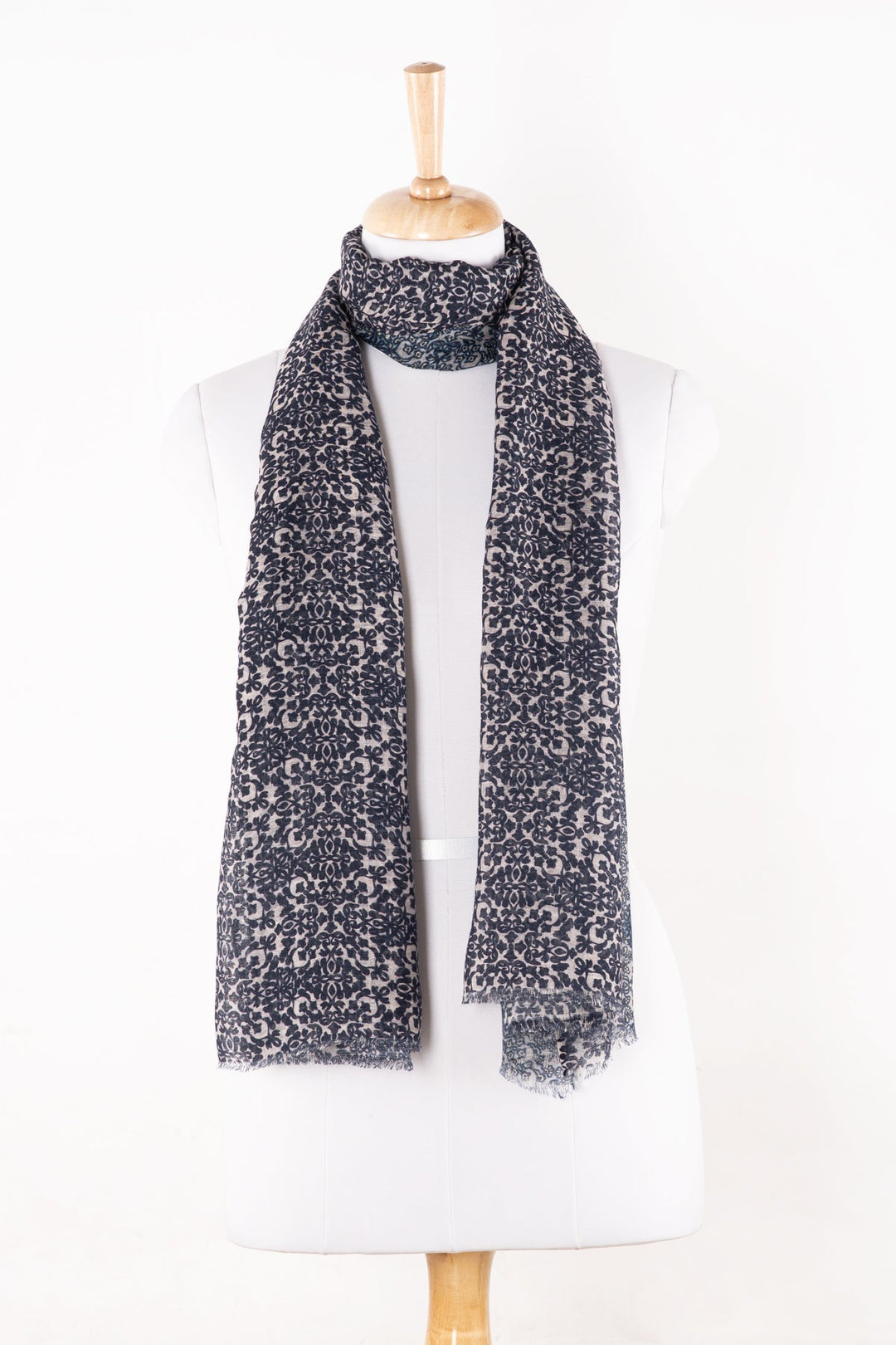 Floral Tile Print Linen Cotton Scarf - Navy Cement-1