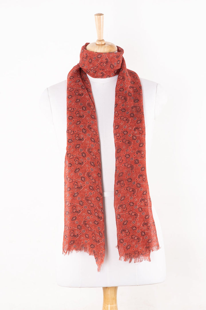 Ditsy Paisley and Flower Print Linen Cotton Scarf - Crimson-1