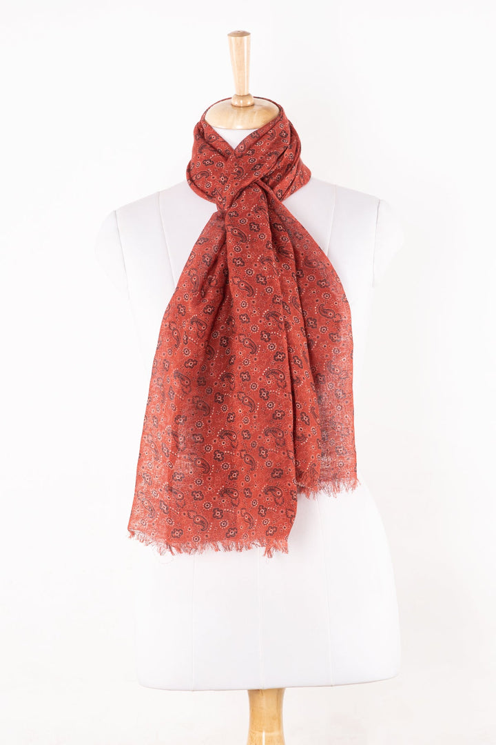 Ditsy Paisley and Flower Print Linen Cotton Scarf - Crimson-0