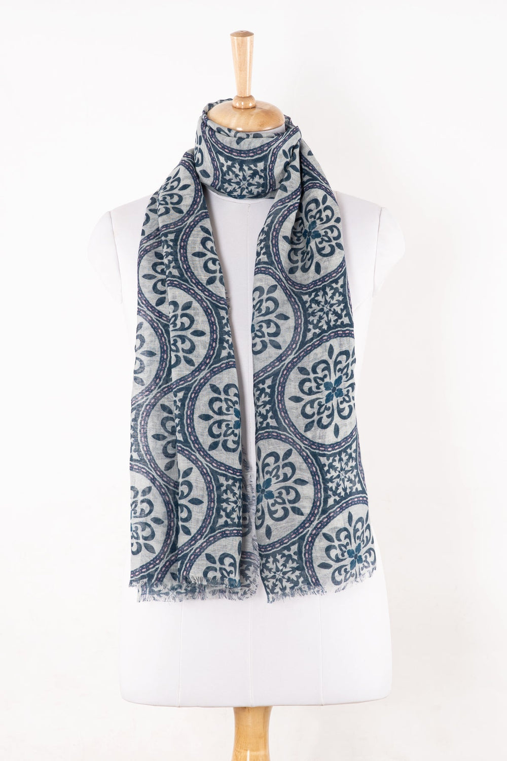 Mandala Love Print Linen Cotton Scarf - Indigo-1