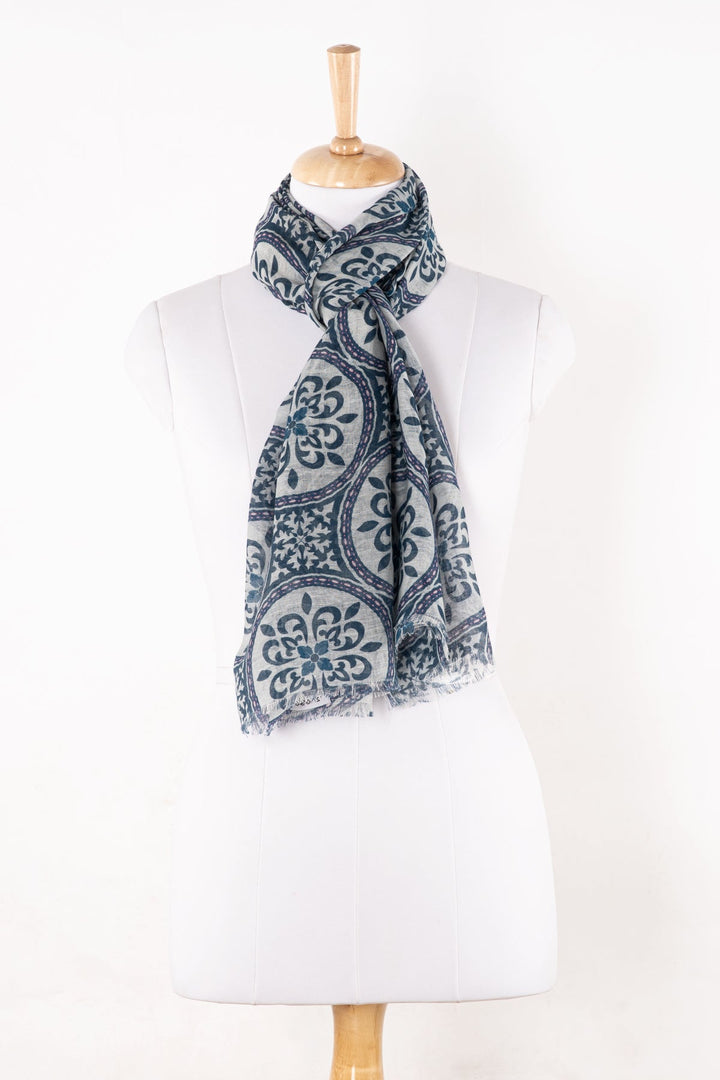 Mandala Love Print Linen Cotton Scarf - Indigo-0