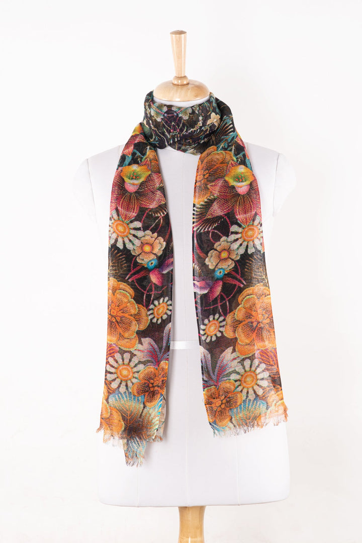 Floral Bouquet Print Linen Cotton Scarf - Multicoloured-1