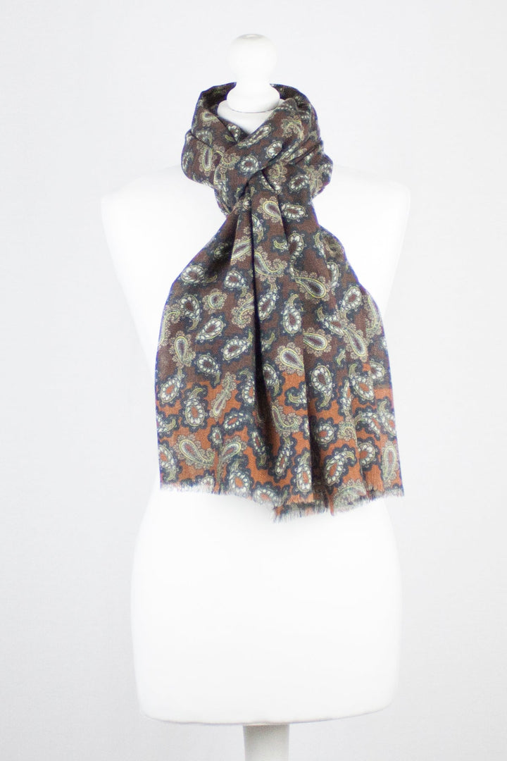 All Over Paisley Print Merino Wool Scarf - Brown Navy-1