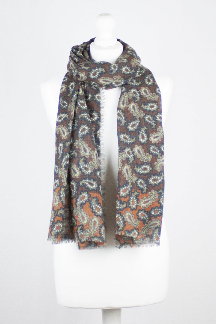 All Over Paisley Print Merino Wool Scarf - Brown Navy-0