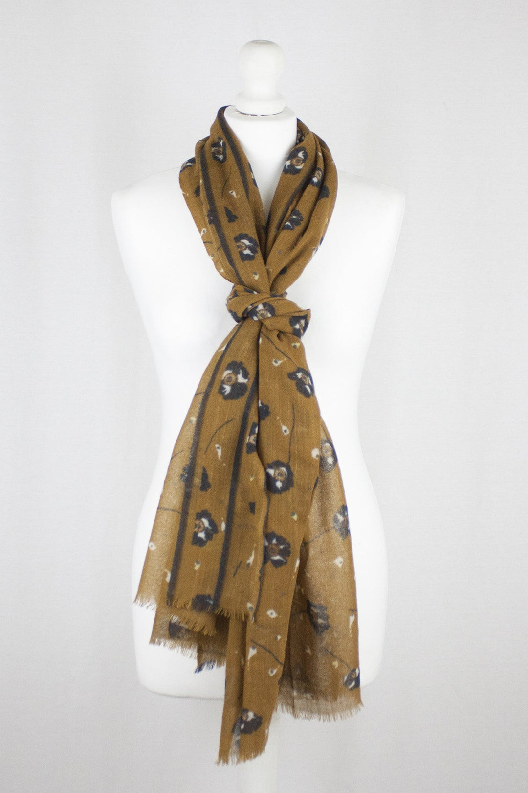 Poppy Flower Merino Wool Scarf - Ochre-2