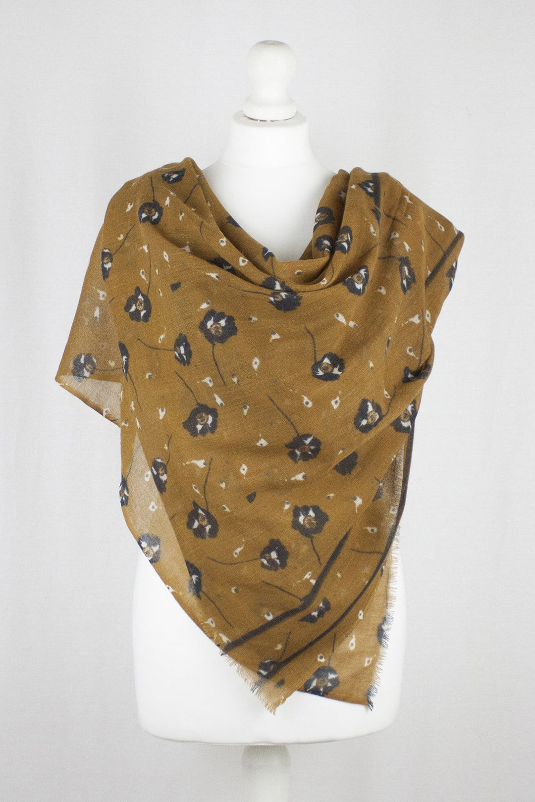 Poppy Flower Merino Wool Scarf - Ochre-3