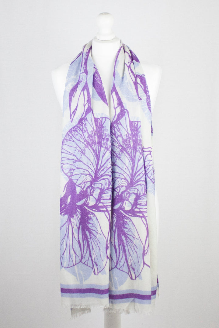 Cynthia Floral Print Merino Wool Scarf - Off White Violet-3