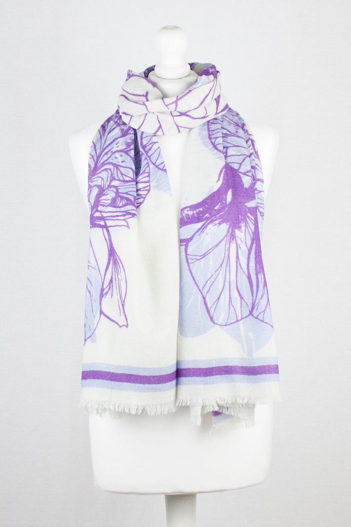 Cynthia Floral Print Merino Wool Scarf - Off White Violet-0