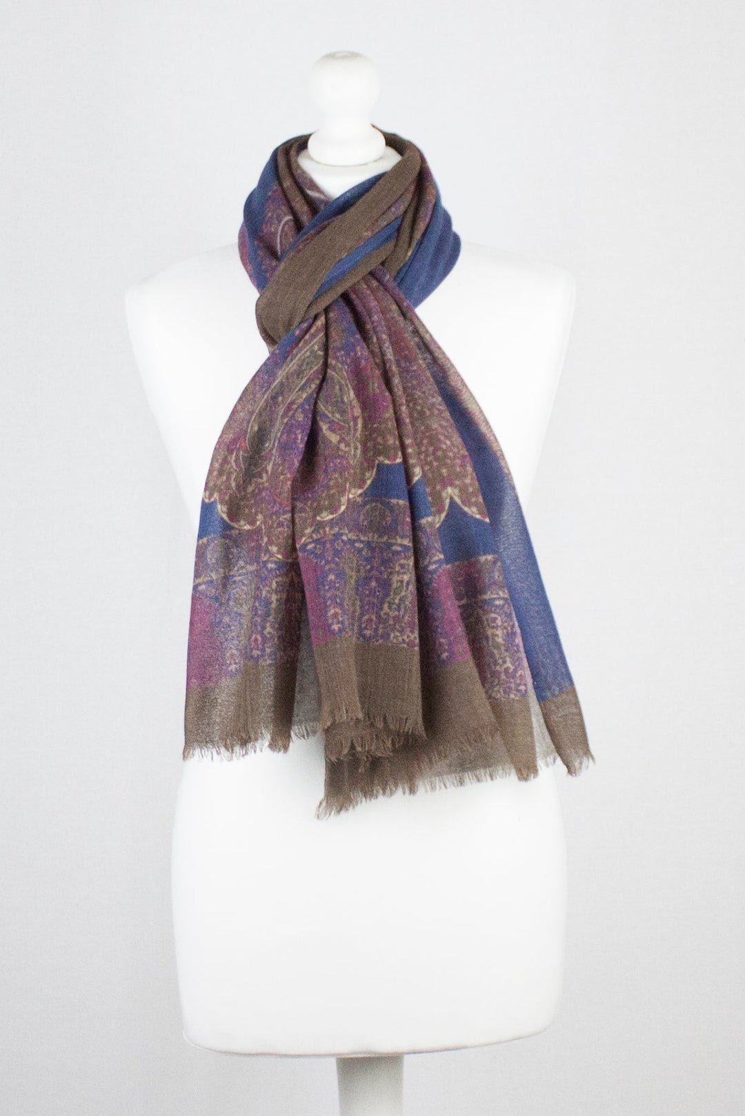 Persian Paisley Print Merino Wool Scarf - Navy Magenta Brown-1