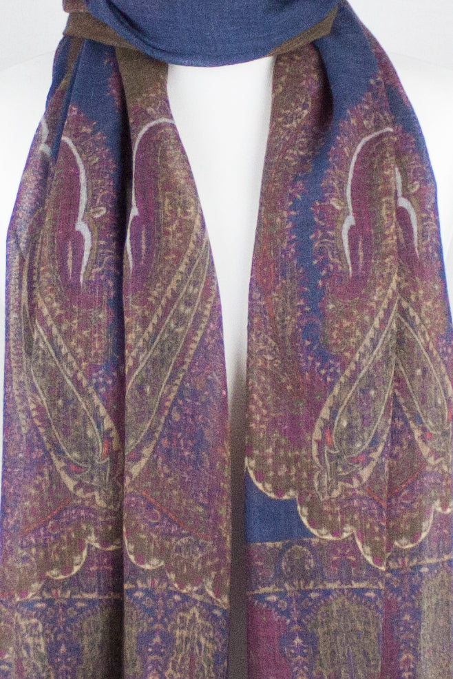 Persian Paisley Print Merino Wool Scarf - Navy Magenta Brown-2