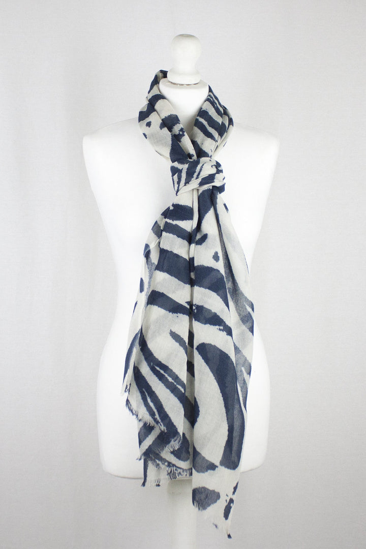 Fun Maze Print Merino Wool Scarf - Off-White Navy-2