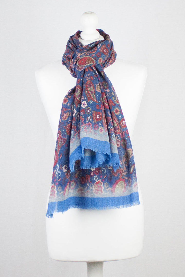 Paisley and Flower Spread Print Merino Wool Scarf - Blue Multi-1