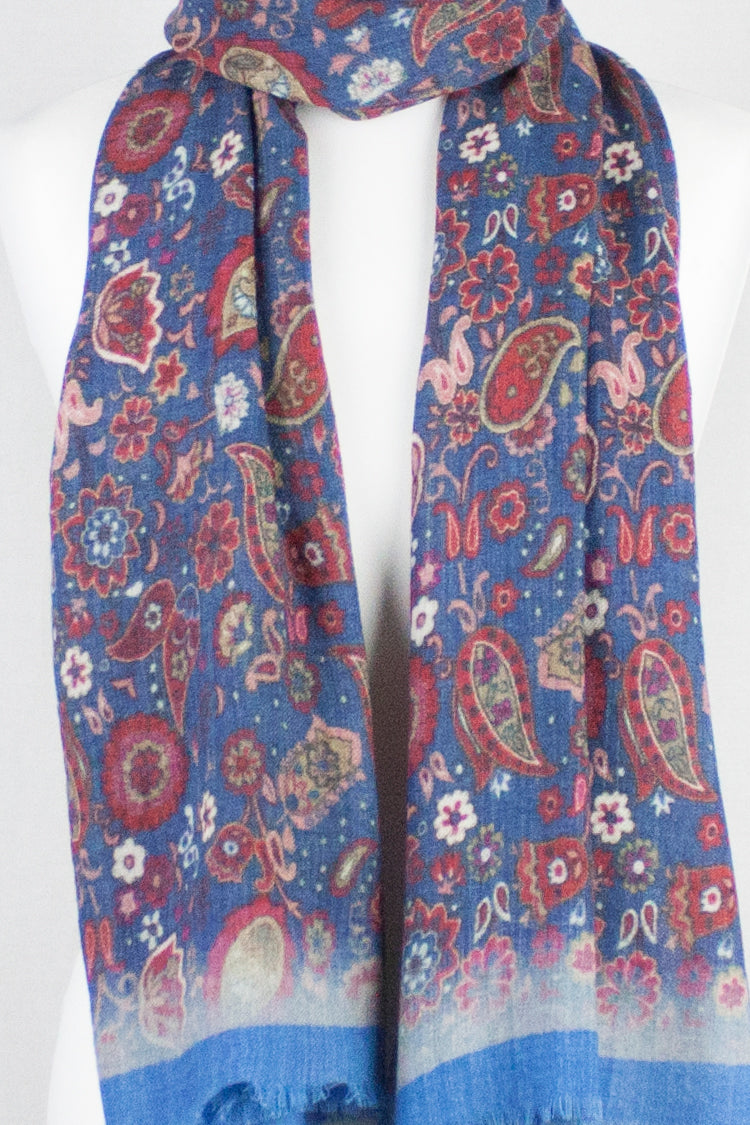 Paisley and Flower Spread Print Merino Wool Scarf - Blue Multi-2