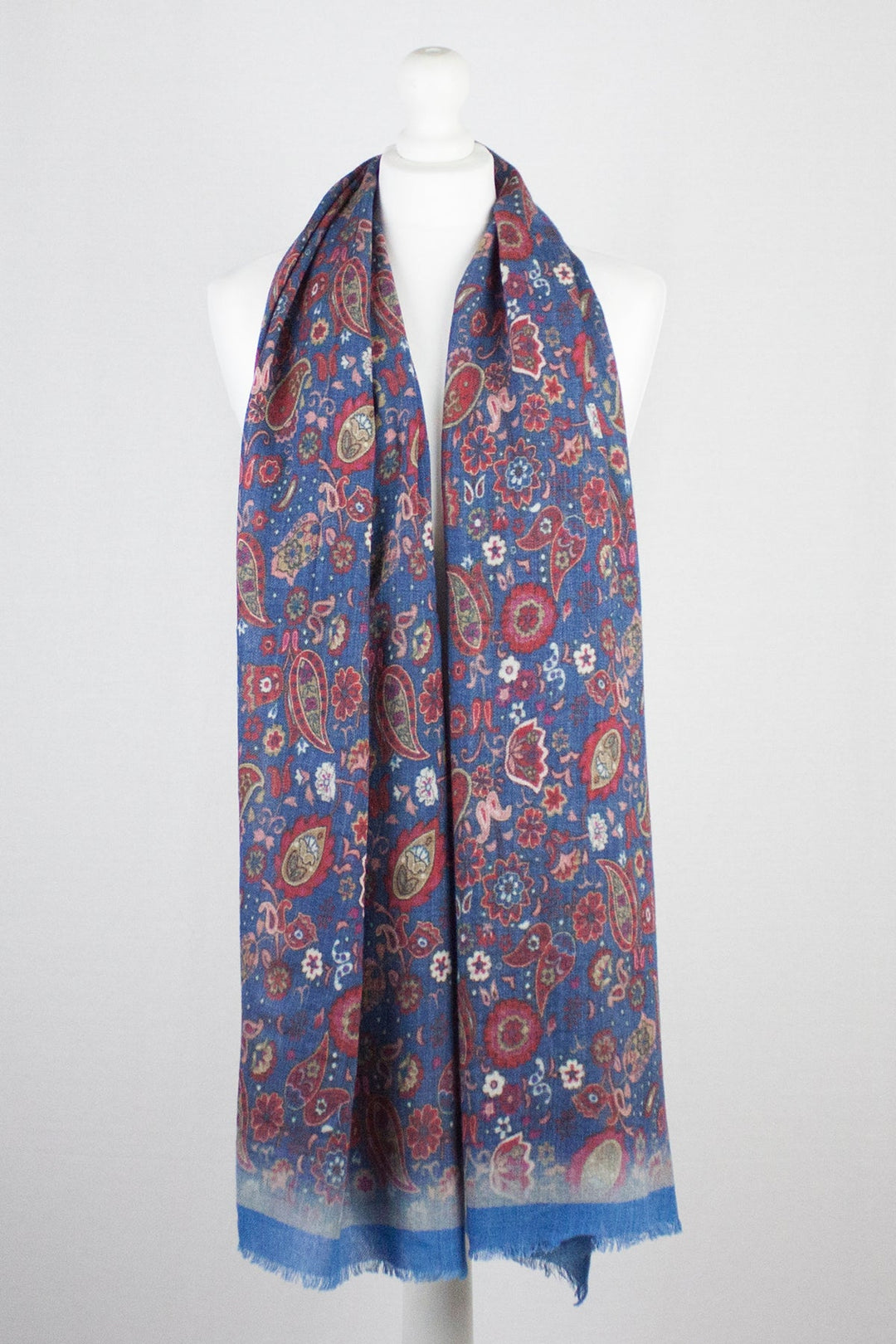 Paisley and Flower Spread Print Merino Wool Scarf - Blue Multi-3