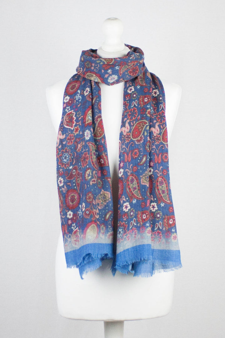 Paisley and Flower Spread Print Merino Wool Scarf - Blue Multi-0