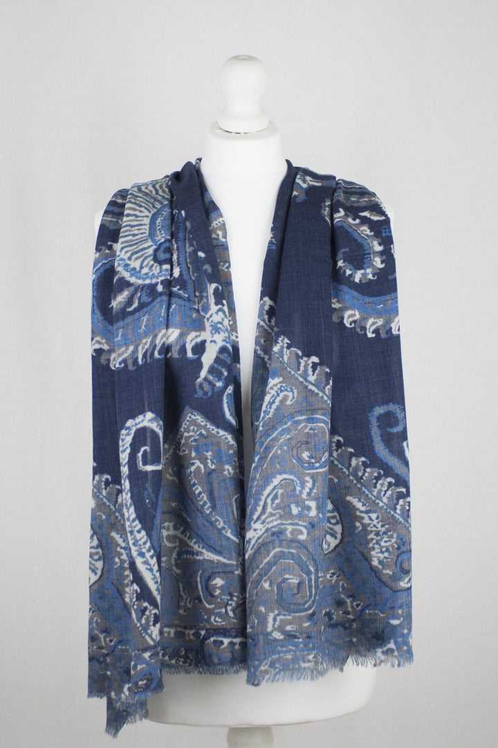 Persian Feather Merino Wool Scarf - Navy Multi-1