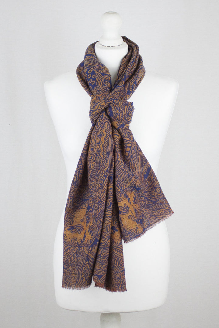 Dark Night Cheetah Jacquard Merino Wool Scarf - Navy Orange-2