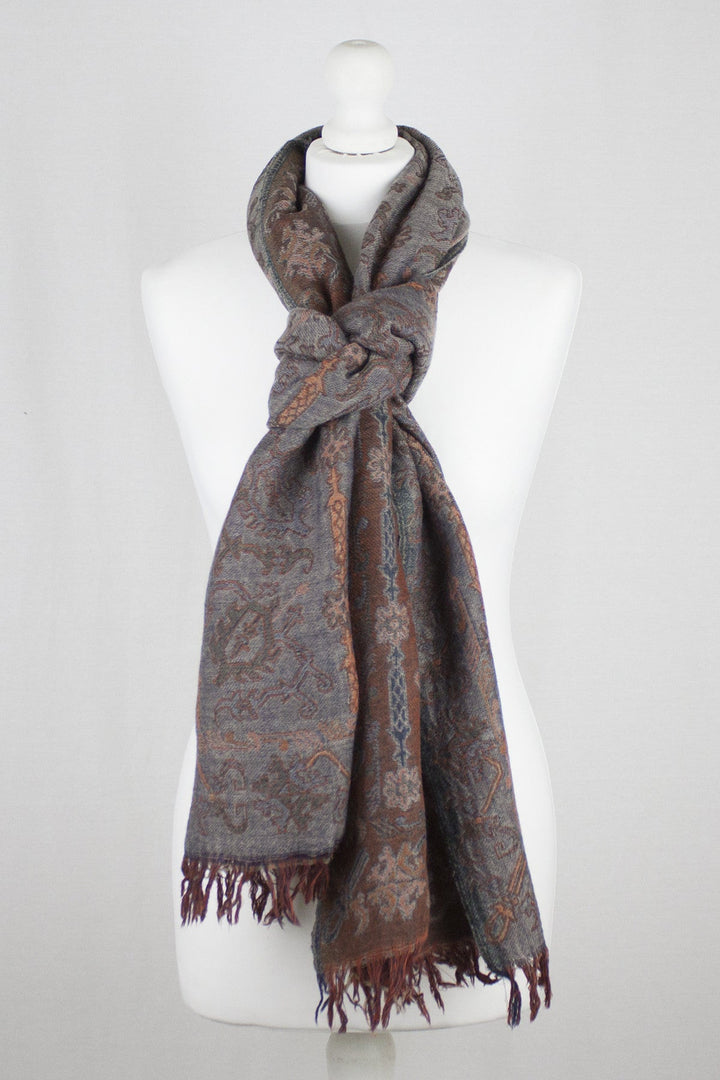 Jamdani Motif Jacquard Merino Wool Scarf - Grey Orange-2