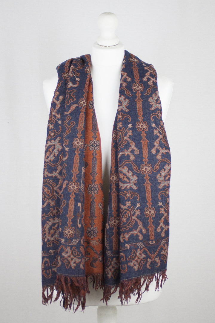 Jamdani Motif Jacquard Merino Wool Scarf - Navy Orange-1