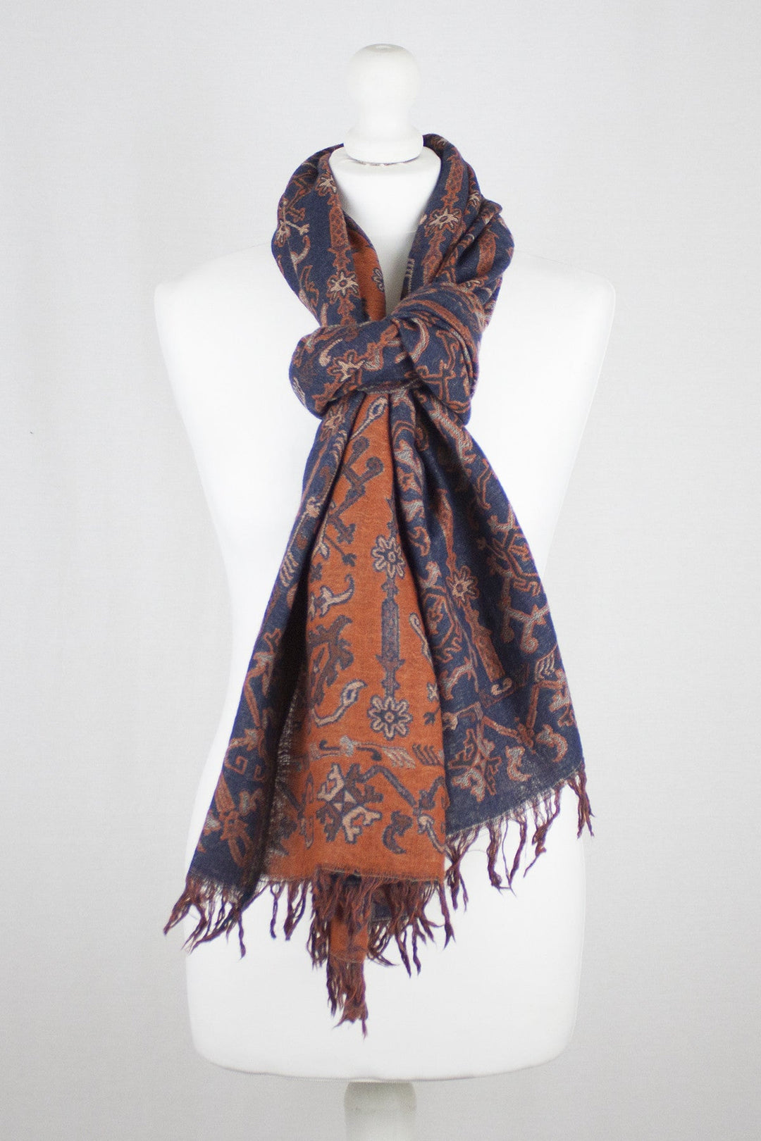 Jamdani Motif Jacquard Merino Wool Scarf - Navy Orange-2