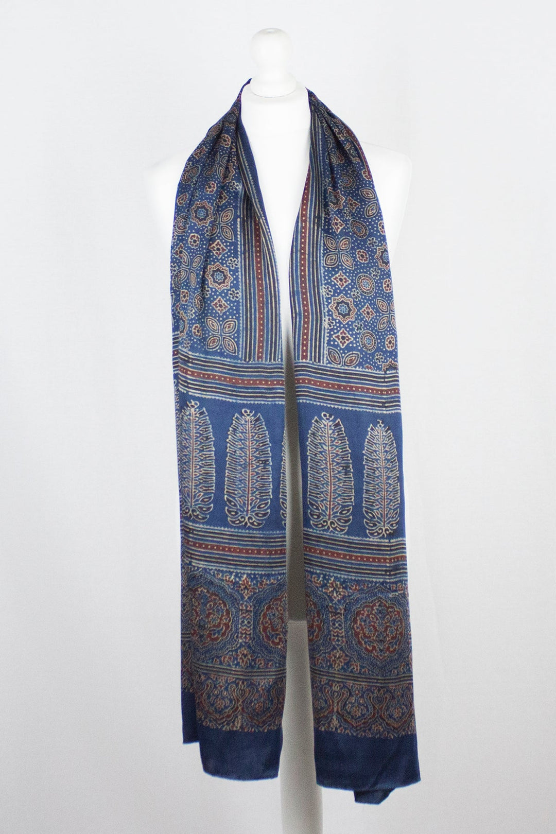 Traditional Geometric & Paisley Ajrakh Block Print Scarf - Blue Red-3