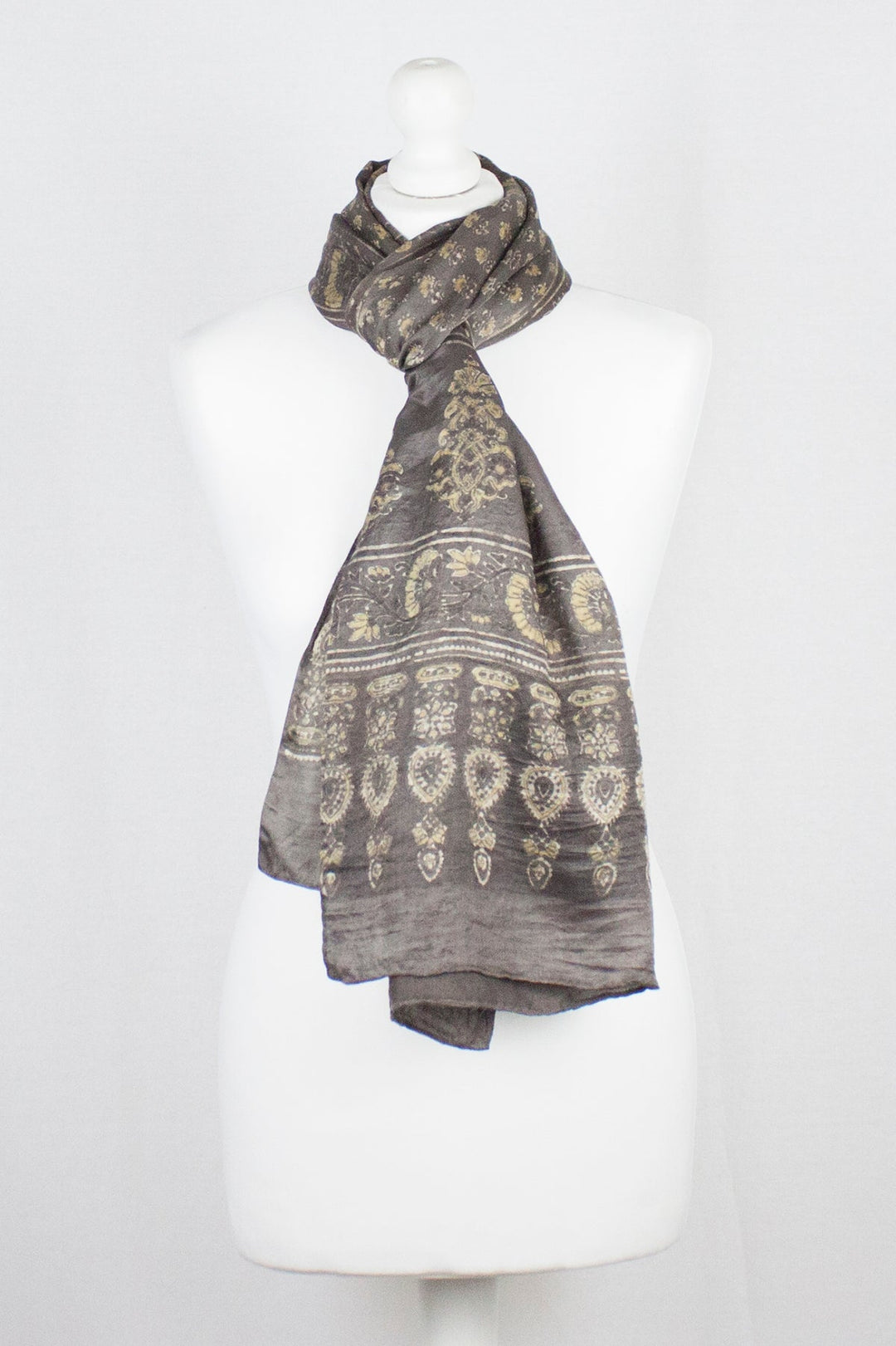 Ditsy Flower Ajrakh Print Silk Scarf - Brown Yellow-1