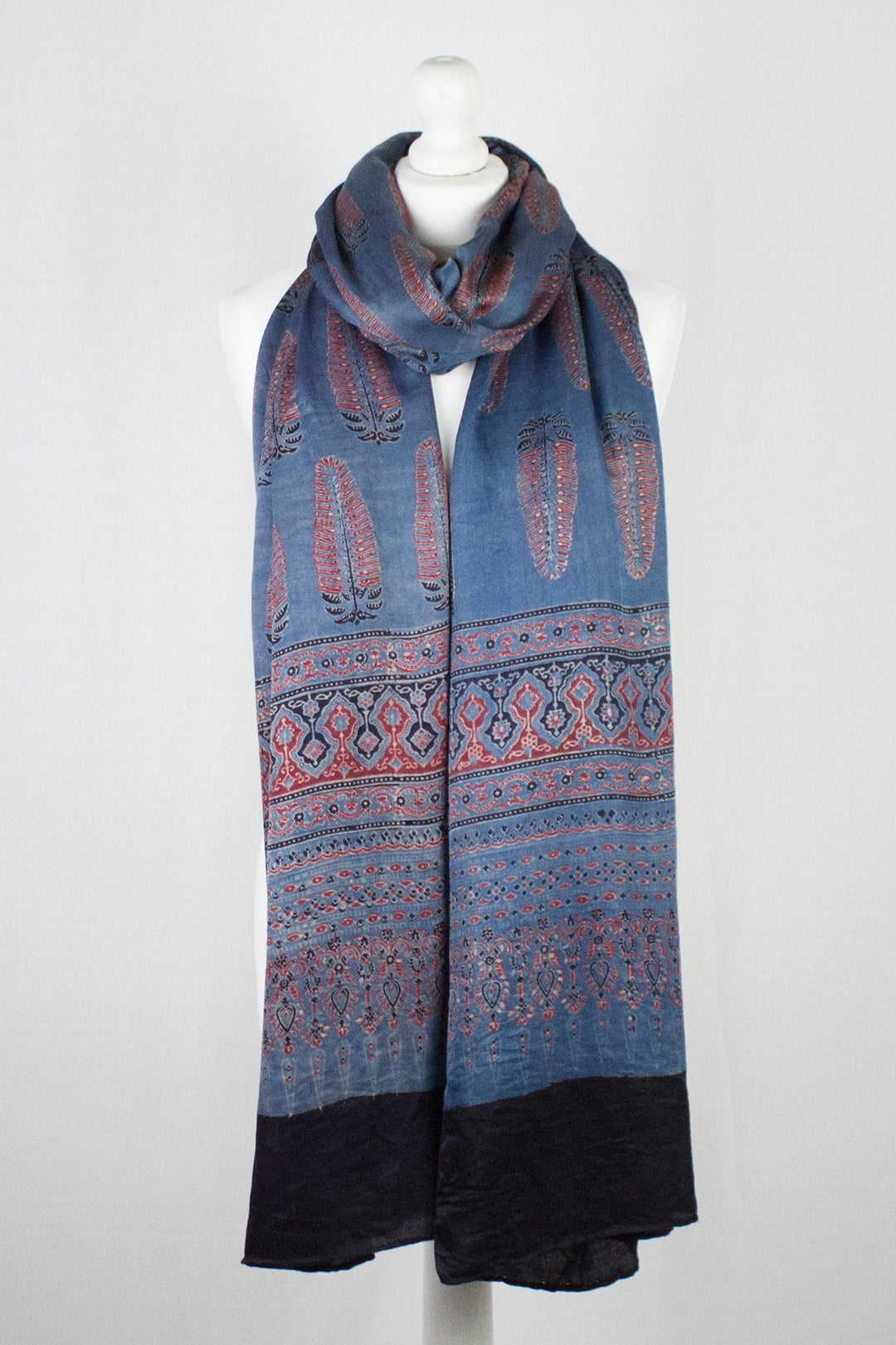 Tree Motif Ajrakh Print Silk Scarf - Blue Red-0