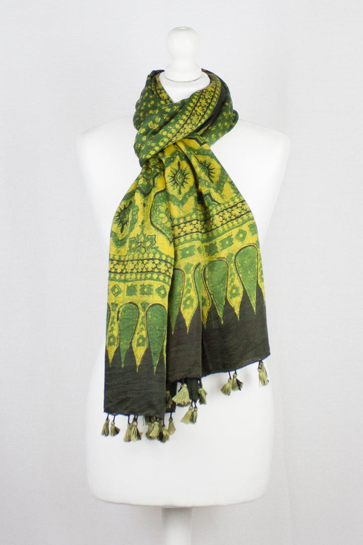 Ditsy Flower Ajrakh Block Print Silk Scarf - Green Yellow-1