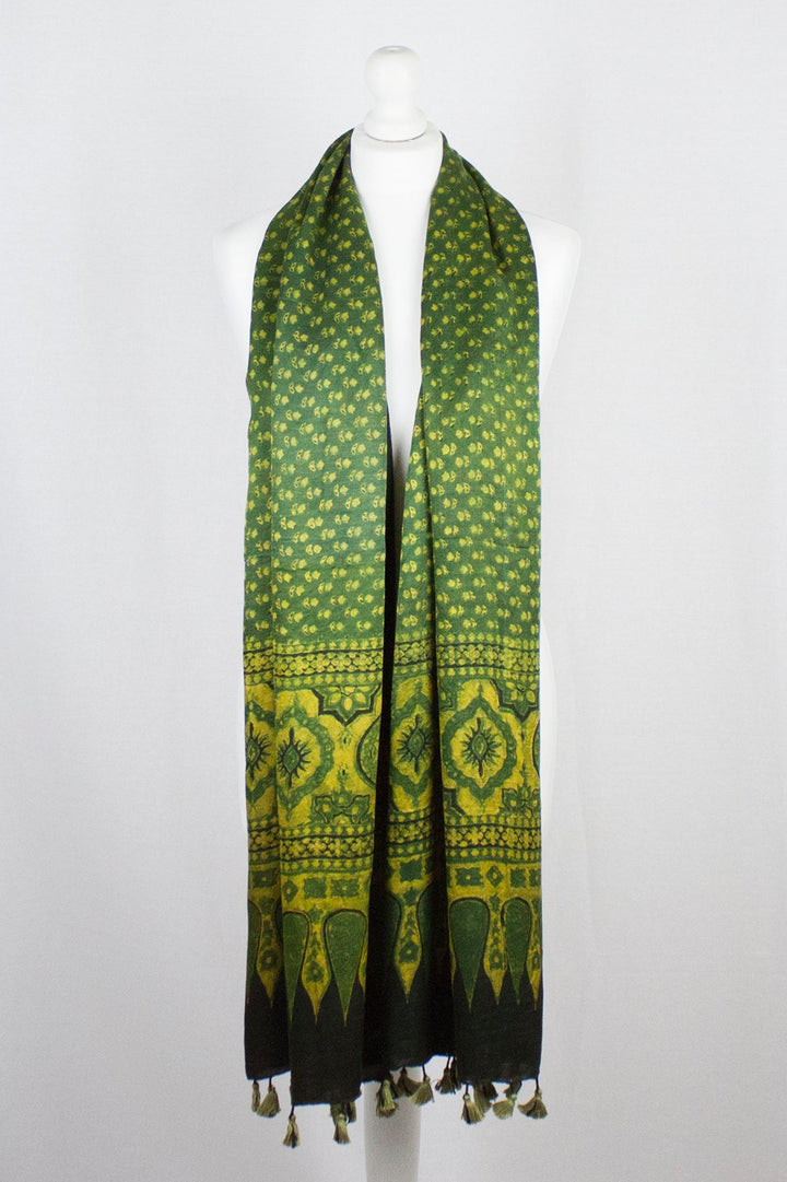 Ditsy Flower Ajrakh Block Print Silk Scarf - Green Yellow-2