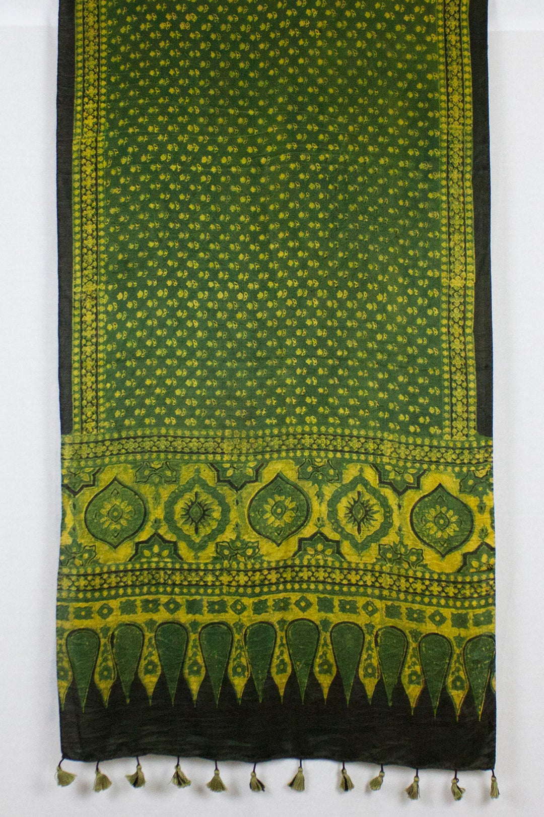 Ditsy Flower Ajrakh Block Print Silk Scarf - Green Yellow-3