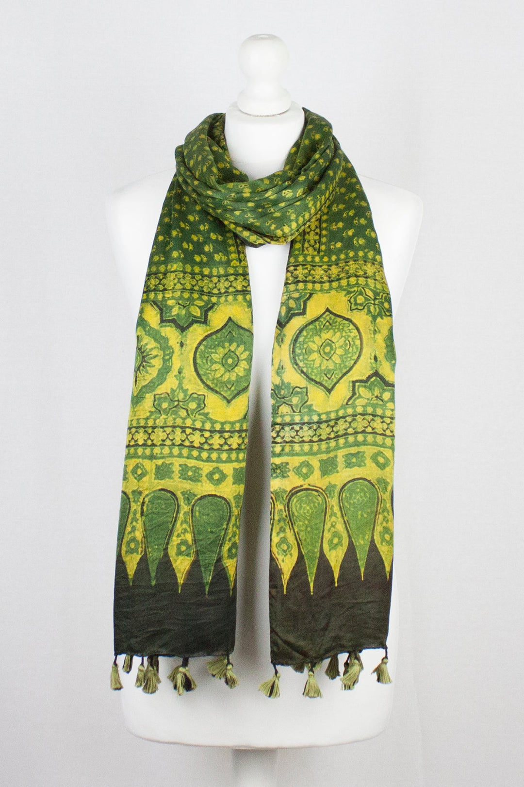 Ditsy Flower Ajrakh Block Print Silk Scarf - Green Yellow-0