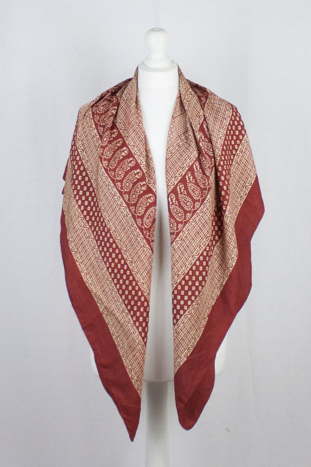 Checks Mix Print Bagh Hand-block Print Silk Square Scarf - Red-1