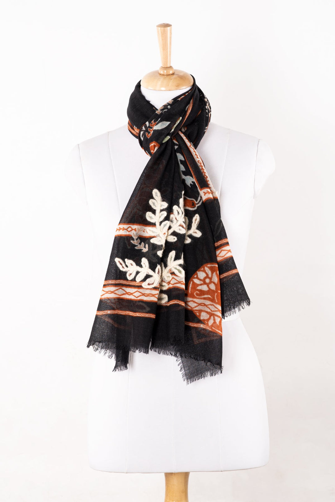 Floral Print with Woolen Embroidery Merino Wool Scarf - Black-0