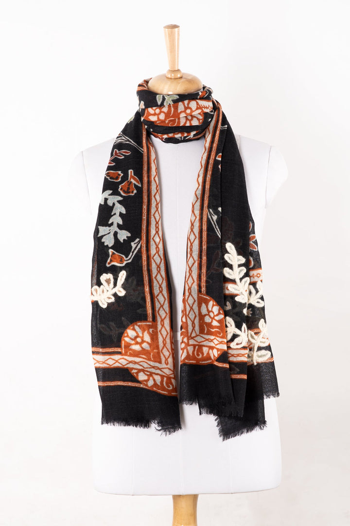 Floral Print with Woolen Embroidery Merino Wool Scarf - Black-1